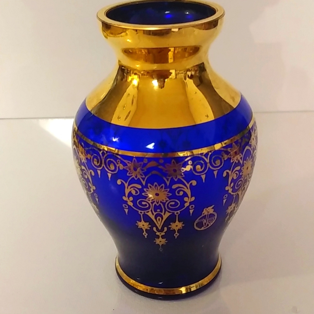 Vintage Ferro & Lazzarini Italian Murano 22k gold leaf design cobalt blu…